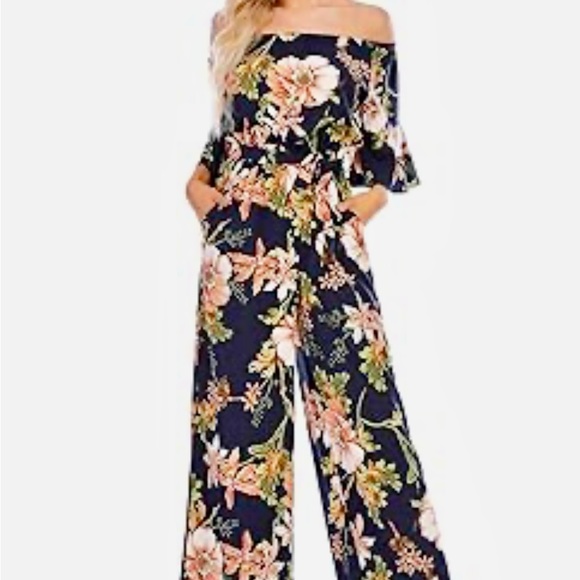 NWOT We Live Fashion off the shoulder high waist floral jumpsuit - Picture 10 of 16